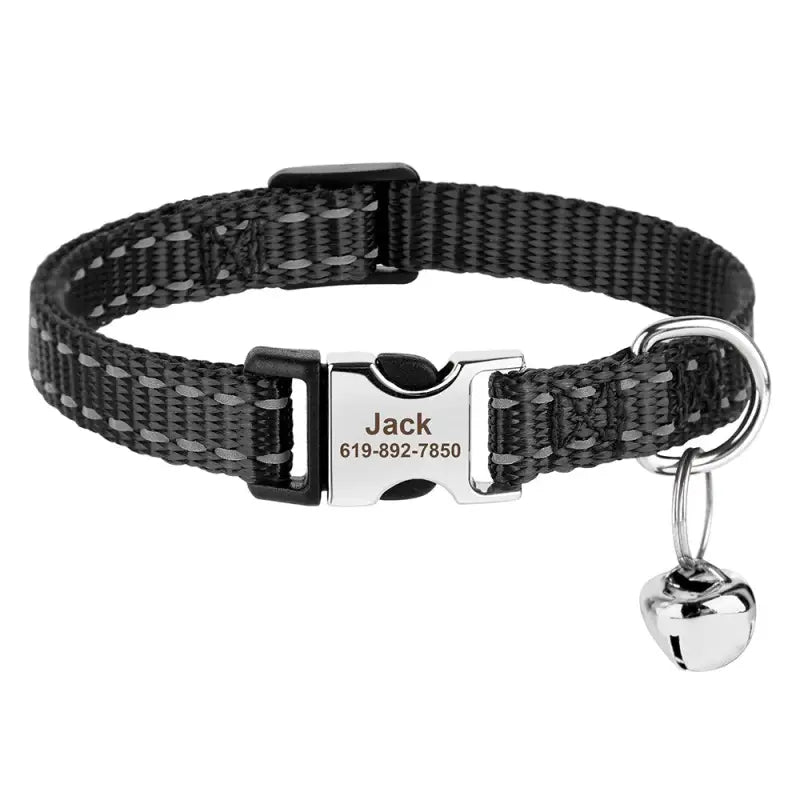Collier réglable en nylon pour chat avec design personnalisé: clochette argentée et nom