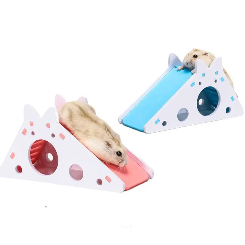 Deux hamsters heureux jouant sur un toboggan pour petit compagnon en bois coloré