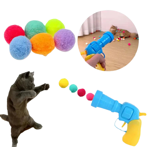 Jouet interactif pour chat - Mini lanceur de pompons avec un chat jouant du pistolet et discutant Transparent Background