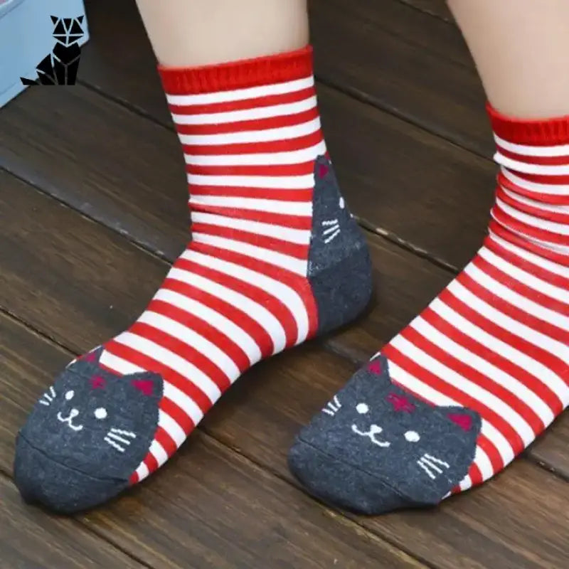 Chaussettes Chats Adorables Avec Rayures Colorées Et Broderies Mignonnes