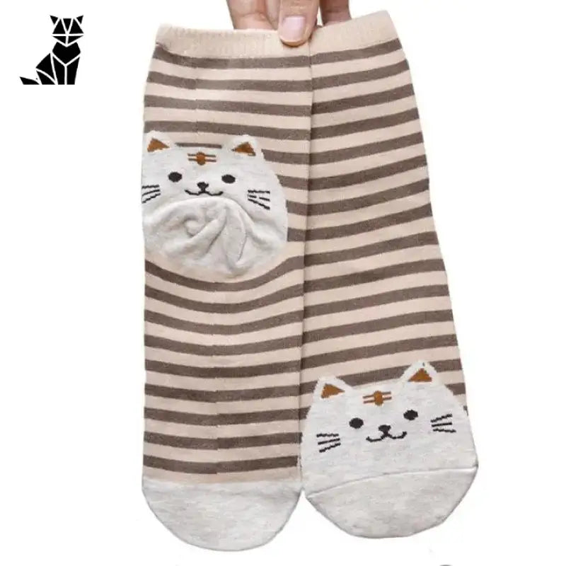 Chaussettes Chats Adorables Avec Rayures Colorées Et Broderies Mignonnes - Marron