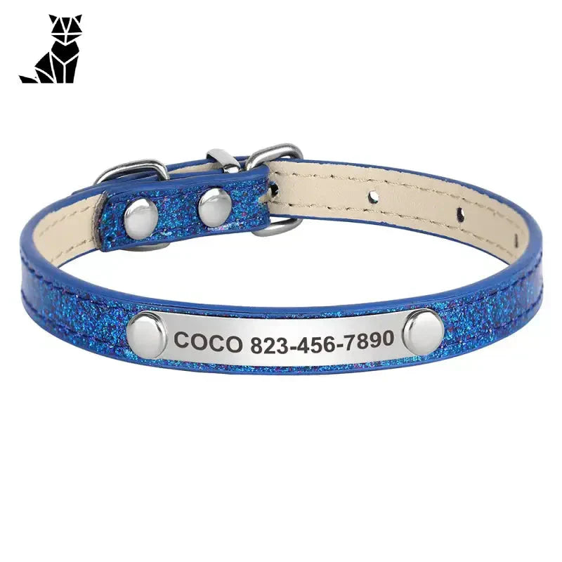 Collier chien bleu pailleté avec nom plaqué argent sur collier chat résistant à l’usure en cuir