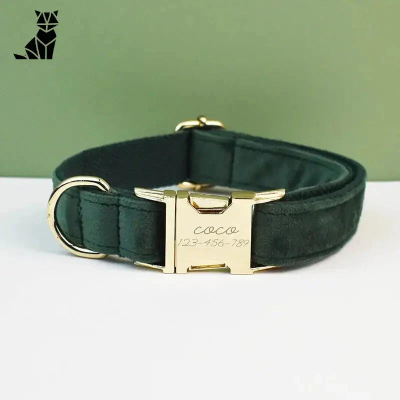 Collier pour chien en velours vert avec boucle dorée ; Collier en velours personnalisé durable, réglable