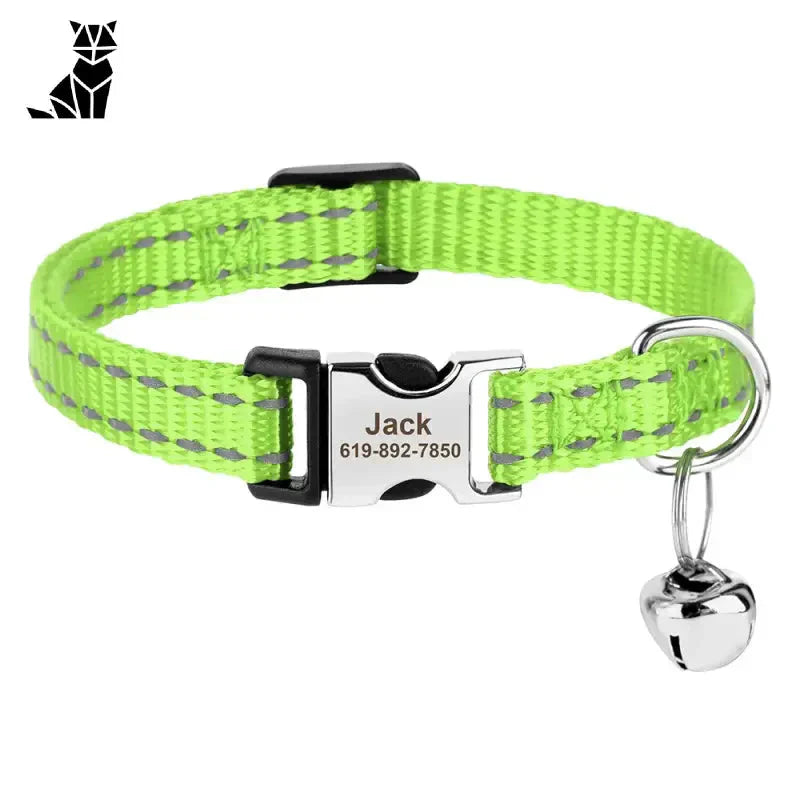 Collier réglable en nylon pour chat design personnalisé vert avec boucle métallique