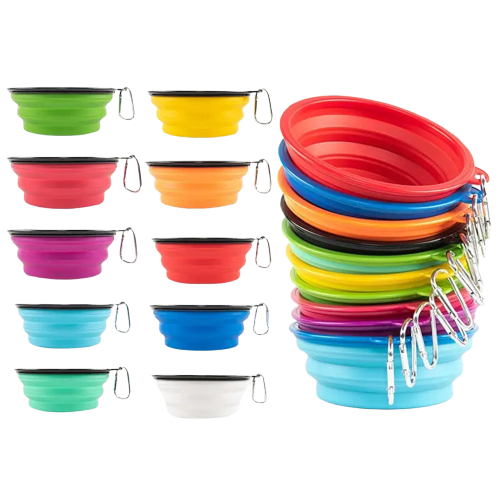 Colorful stack of pliable dog bowls for convenient travel - Bols et bols colorés pliables pour chiens Transparent Background