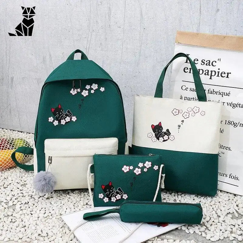 Ensemble Chat Scolaire: Chic Avec Sac à Bandoulière Et Accessoires - Vert