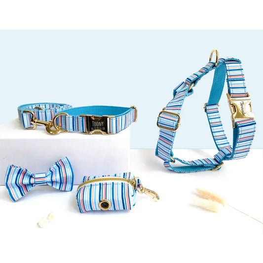 Kit Complet Chien Personnalisé Coton Rayé Bleu Ciel