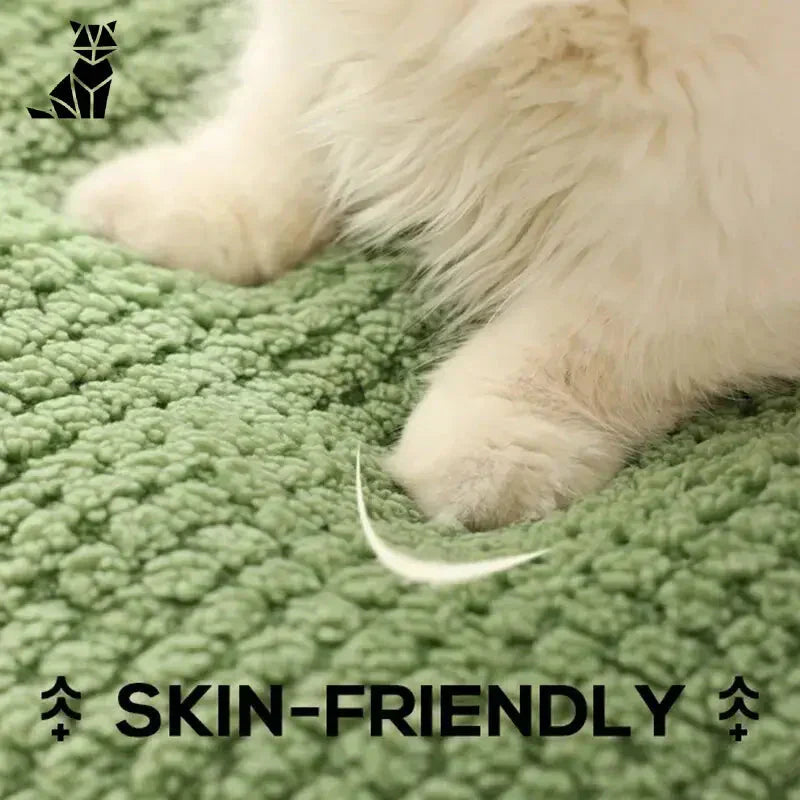 Un chat blanc couché sur un tapis vert dans un nid de peluches Cartoon Frog pour un sommeil profond