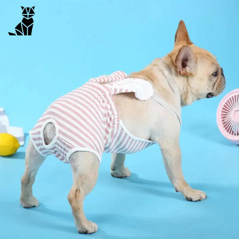 Petit chien en chemise rayée rose et blanche - Short physiologique lavable pour chiens