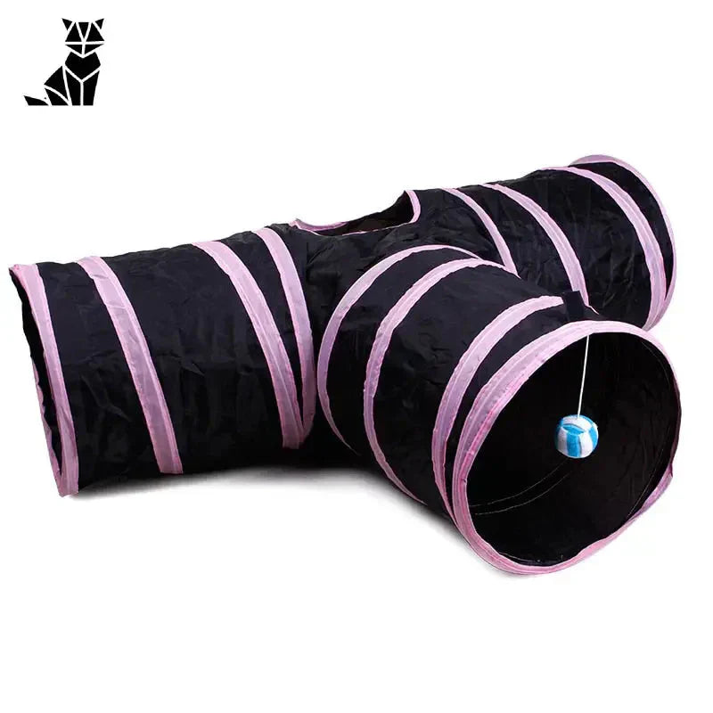 Tunnel de jeu pour chat - Fun durable en nylon, tunnel noir et rose avec balle bleu clair, facile à ranger